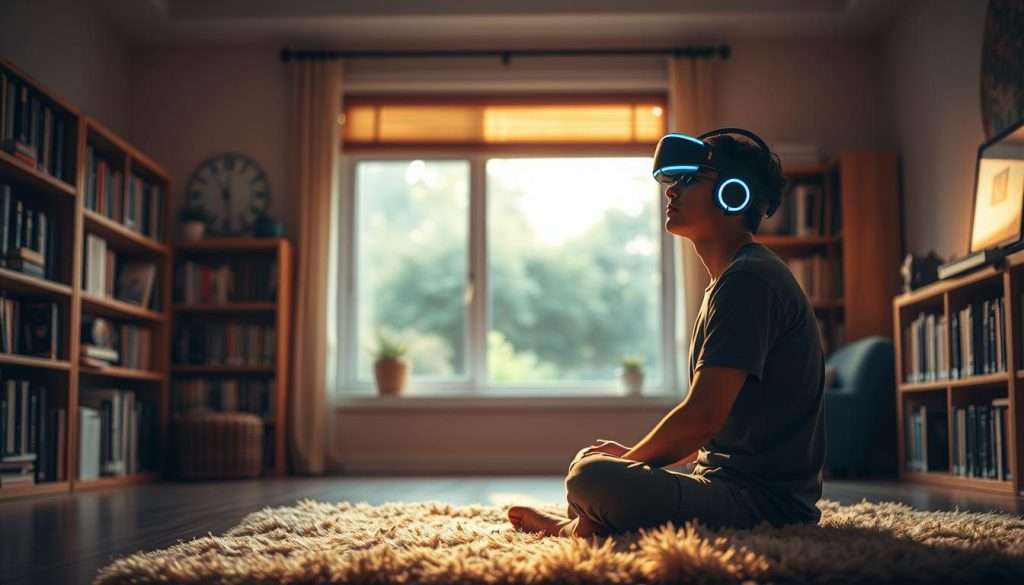 A serene study room, bathed in warm, soft lighting. In the foreground, a person sits cross-legged on a plush rug, eyes closed in deep concentration, utilizing the "Studying Machine" brain training device - a sleek, futuristic-looking headset emitting gentle pulses of light. Shelves of books line the walls in the middle ground, while a large window in the background overlooks a tranquil garden, creating a calming, meditative atmosphere conducive to optimal brain function and stress management.