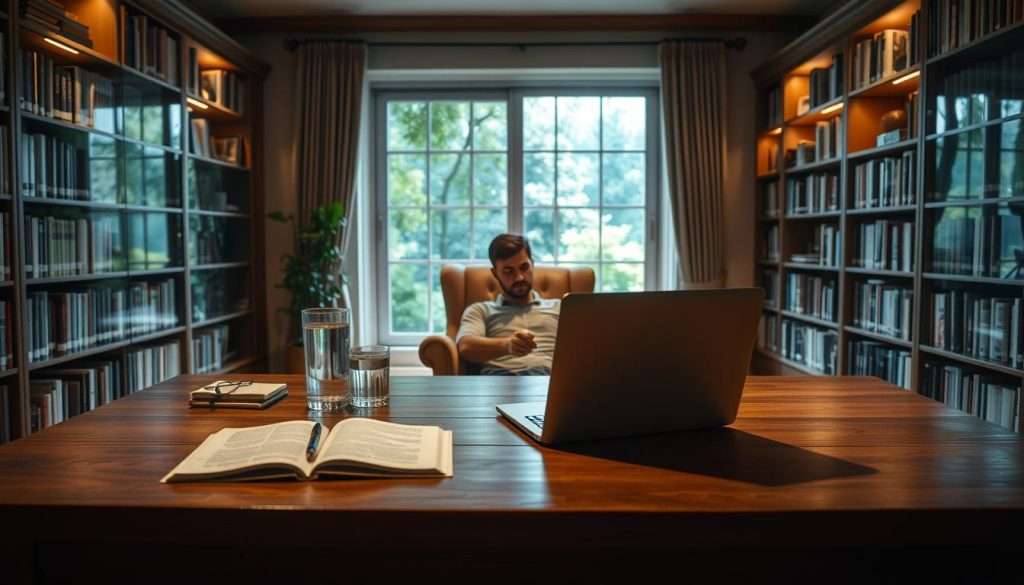A serene study room, with a large wooden desk in the foreground. On the desk, an open book, a pen, and a glass of water rest next to a laptop. Bookshelves line the walls, casting a warm, ambient light across the scene. In the middle ground, a person sits in a comfortable chair, deep in contemplation, their face illuminated by the soft glow of the screen. The background features a large window, overlooking a lush, verdant garden, hinting at the restorative power of nature. The overall atmosphere is one of focused, tranquil productivity, reflecting the themes of memory enhancement and the avoidance of common mistakes in building a memory palace.