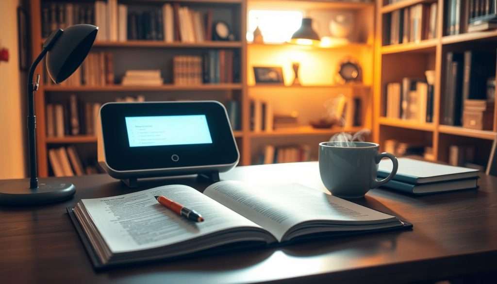 A serene study space, bathed in warm, diffused lighting, showcases a "Studying Machine" - a sleek, minimalist device with a glowing display. On the desk, an open book, a pen, and a cup of steaming tea create an atmosphere of focused contemplation. In the background, shelves filled with reference materials and mementos hint at a dedication to lifelong learning. The scene evokes a sense of tranquility and intellectual focus, perfectly suited for memory enhancement techniques that empower academic success.