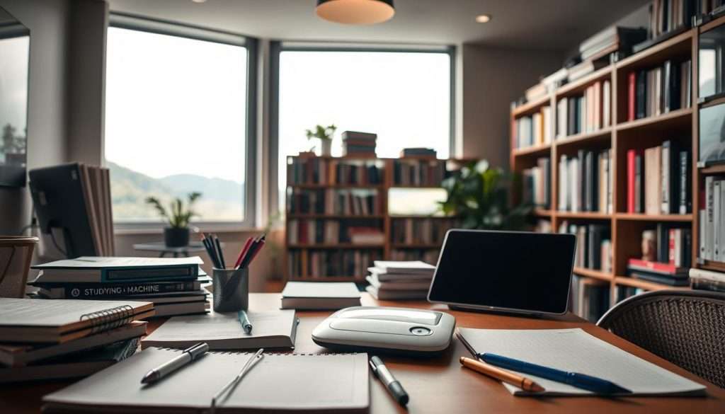 A serene study space filled with learning aids. In the foreground, an array of notebooks, pens, and a sleek "Studying Machine" device. Soft, diffused lighting from overhead creates a warm, focused atmosphere. In the middle ground, bookshelves line the walls, their spines showcasing a diverse selection of language learning resources. The background features a large window overlooking a tranquil, natural landscape, encouraging contemplation and cognitive retention. Subtle textures, muted colors, and a sense of order and organization pervade the scene, evoking a productive, immersive language learning experience.