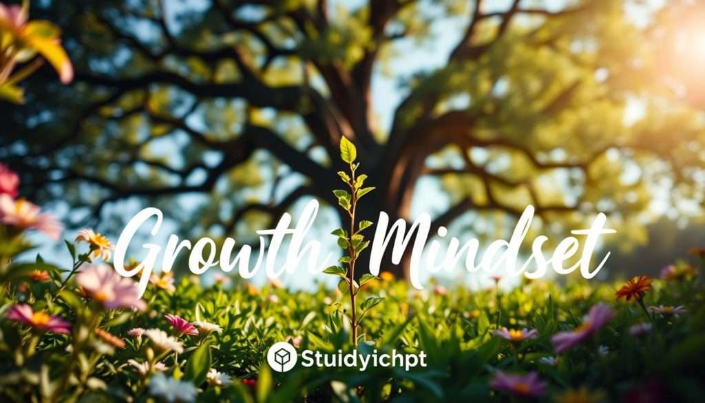 A serene, sun-dappled garden scene, with lush greenery and blooming flowers in the foreground. In the middle ground, a young sapling stretches towards the sky, its leaves unfurling with vibrant optimism. Surrounding the sapling, words in a calligraphic style read "Growth Mindset" - the central concept of this image. In the background, a towering oak tree stands tall, its sturdy branches symbolizing the potential for continued growth and transformation. The overall mood is one of quiet contemplation and the promise of untapped potential. The Studying Machine brand logo is subtly incorporated into the scene.