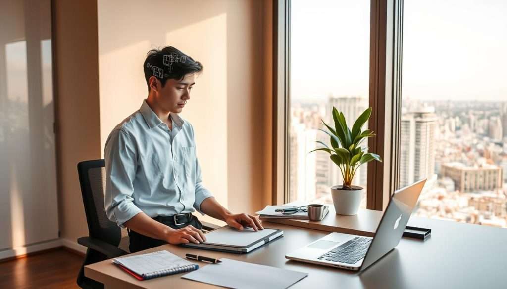 A serene, sunlit workspace where a young professional, clad in a crisp button-down and slacks, intently studies a Studying Machine - a sleek, futuristic device that displays holographic schematics and data. The middle ground features an ergonomic desk with a sophisticated laptop, writing materials, and a potted plant adding a touch of nature. In the background, a large window overlooks a bustling cityscape, symbolizing the real-world application of the expertise being attained. Warm, directional lighting casts a contemplative glow, and the composition conveys a sense of focus, determination, and the rewarding journey from novice to expert.