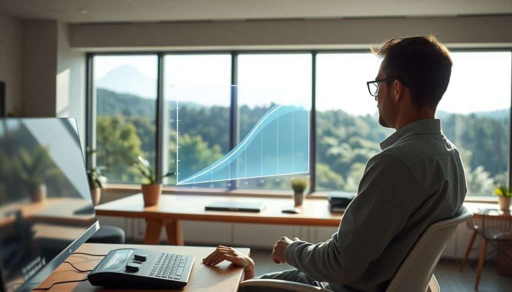 A serene, sunlit workspace with a person intently studying a glowing holographic graph, visualizing the optimization of a learning curve. The foreground depicts advanced digital interfaces, with intuitive controls and contextual data overlays. The middle ground showcases a minimalist, ergonomic workstation, its clean lines and natural materials creating a calming, focused environment. In the background, a panoramic window reveals a lush, verdant landscape, hinting at the harmony between technology and nature. Soft, diffused lighting, a subtle depth of field, and a sense of tranquility imbue the scene with an atmosphere of thoughtful, productive contemplation.