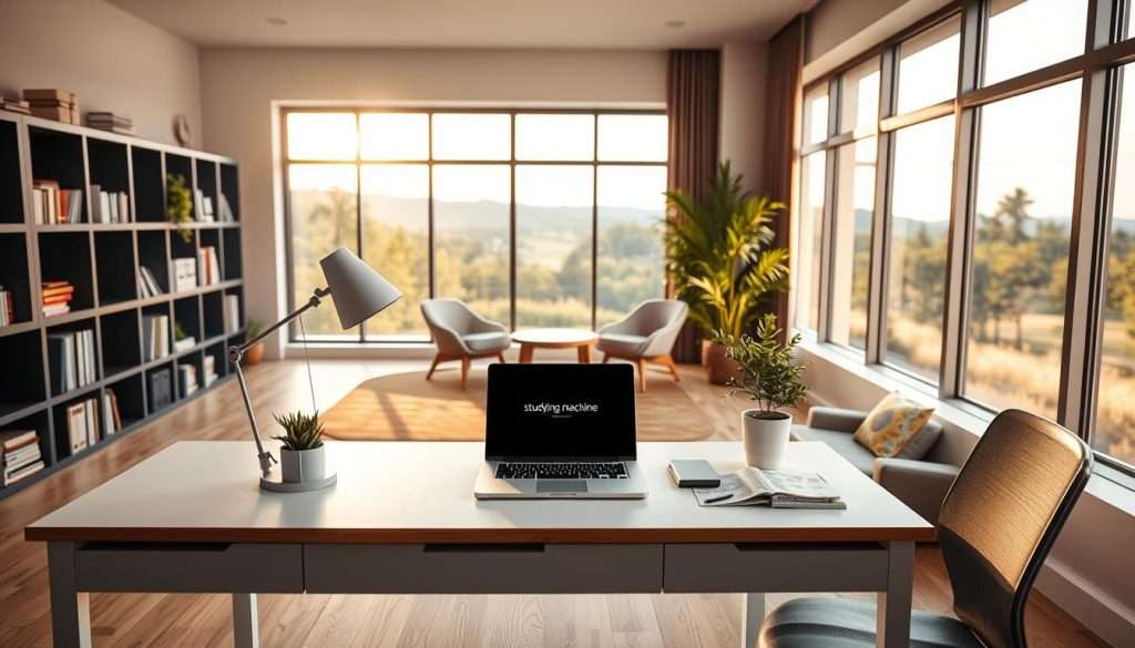 A serene, well-designed learning environment featuring the "Studying Machine" brand. In the foreground, a minimalist desk setup with a laptop, a geometric desk lamp, and a potted plant. The middle ground showcases comfortable, ergonomic seating and shelves filled with books and learning materials. The background depicts large windows overlooking a tranquil outdoor landscape, bathed in soft, natural lighting. The overall atmosphere exudes focus, productivity, and a sense of calm conducive to optimized learning.
