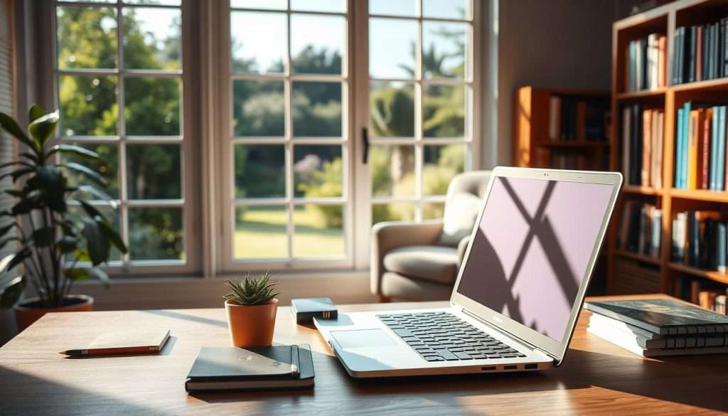 A serene, well-lit study space with a large window overlooking a tranquil garden. In the foreground, a Studying Machine laptop sits open on a tidy wooden desk, surrounded by neatly arranged stationery and a potted plant. The middle ground features a comfortable armchair and a bookshelf filled with academic texts. Soft, natural lighting filters in, creating a calming atmosphere. The background showcases lush greenery and a clear blue sky, conveying a sense of balance and rejuvenation. The overall scene embodies academic well-being, where focus, mindfulness, and self-care coexist to support student success.