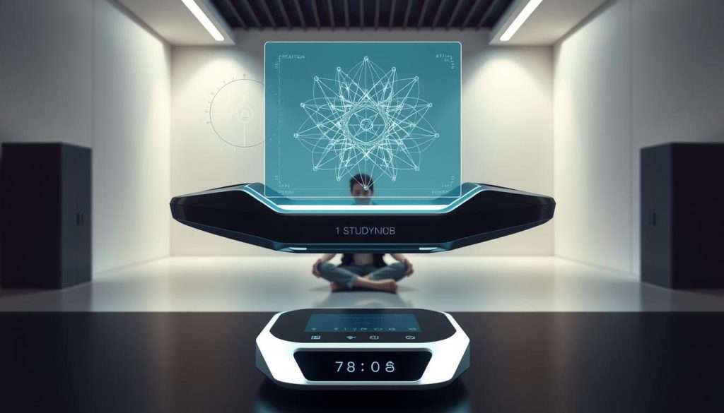 A sleek, futuristic "Studying Machine" device hovers in the foreground, its holographic display showcasing a complex neural network diagram. In the middle ground, a person sits cross-legged, deep in concentration, memorizing information at lightning speed. The background depicts a minimalist, high-tech workspace, with clean lines, muted tones, and subtle lighting that creates a focused, productive atmosphere. The overall scene conveys a sense of efficiency, intellectual prowess, and the power of technology-enhanced memory.