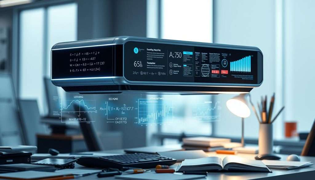 A sleek, futuristic "Studying Machine" hovers above a cluttered desk, projecting holographic interfaces that display complex equations, digital textbooks, and learning analytics. The foreground is bathed in a soft, ambient glow, while the background fades into a minimalist, high-tech office setting. Elegant lines and chrome accents give the device an air of sophistication, hinting at its ability to streamline and enhance the academic experience. The overall atmosphere conveys a sense of focus, productivity, and the seamless integration of technology into the pursuit of knowledge.