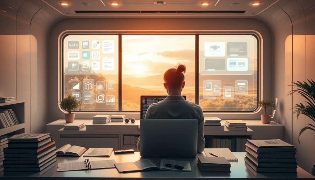A sleek, futuristic study space with the "Studying Machine" at the center. In the foreground, a person sits at a minimalist desk, intently focused on their laptop, surrounded by neatly organized notes and textbooks. The middle ground features holographic displays showcasing various study techniques, from mind maps to flashcards. In the background, a large window overlooks a serene, nature-inspired landscape, creating a calming, focused atmosphere. Warm, directional lighting from above casts a soft glow, enhancing the productivity and efficiency of the scene. The overall composition conveys a sense of streamlined, technology-driven study methods that guarantee results.