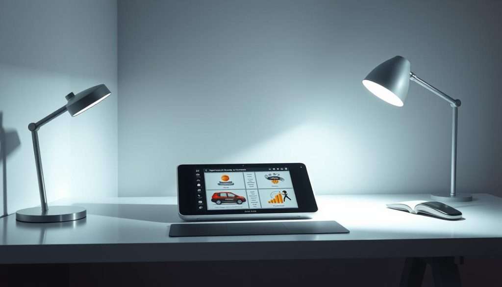 A sleek, futuristic workspace with a minimalist aesthetic. On the desk, a "Studying Machine" device - a streamlined tablet-like interface displaying various speed reading techniques, with intuitive visual aids and animated demonstrations. Soft, directional lighting illuminates the scene, casting subtle shadows and creating a sense of depth. The background features a muted, monochromatic palette, allowing the "Studying Machine" device to take center stage. The overall mood is one of efficiency, focus, and technological innovation, perfectly capturing the essence of "Speed Reading Techniques That Actually Work".