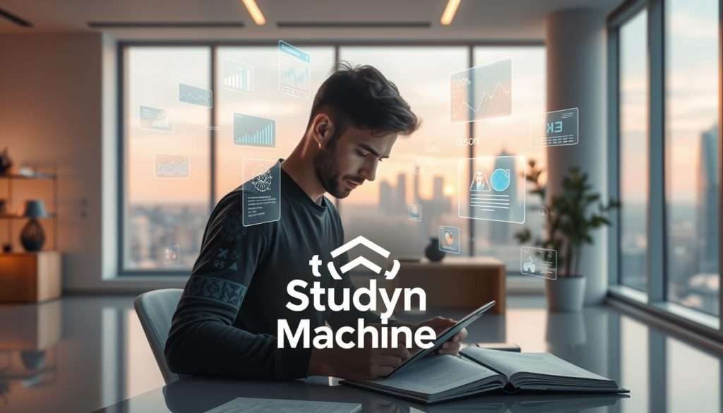 A sleek, modern AI-powered learning interface with a stylized "Studying Machine" logo hovering in the foreground. In the middle ground, a person deeply immersed in learning, surrounded by floating holographic data visualizations and interactive lesson modules. The background depicts a serene, minimalist workspace with large windows overlooking a futuristic cityscape, bathed in warm, diffused lighting that creates a contemplative atmosphere. The overall scene conveys the seamless integration of AI-driven learning tools into one's daily routine, enhancing and empowering the pursuit of knowledge.
