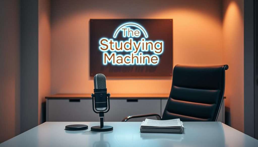 A sleek, modern office setting with a minimalist desk and chair. On the desk, a vintage-inspired microphone and a small stack of papers, representing the tools of effective verbal articulation. Warm, directional lighting illuminates the scene, casting subtle shadows that add depth and dimensionality. The Studying Machine brand logo is prominently displayed in the background, on a stylish wall display or artwork. The overall mood is one of focus, professionalism, and the power of clear, articulate communication.