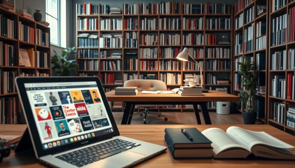 A sleek, modern study space filled with various information sources. In the foreground, a Studying Machine device displays a diverse array of digital content, its interface glowing with a warm, focused light. The middle ground features a stylish wooden desk, adorned with an array of neatly organized books, notes, and a minimalist lamp. In the background, floor-to-ceiling bookshelves create a sense of depth and intellectual atmosphere, their contents hinting at the breadth of knowledge available. Soft, indirect lighting casts a contemplative, focused ambiance, while the clean, uncluttered design promotes a sense of mindful, intentional learning.