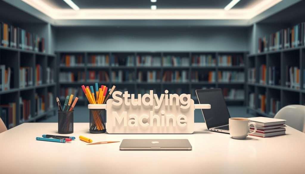 A sleek, modern workspace with a stylized "Studying Machine" at its center. The machine features various learning tools - highlighters, notes, a laptop, and a cup of coffee. Soft, directional lighting illuminates the scene, creating a focused, productive atmosphere. In the background, bookshelves line the walls, hinting at the wealth of knowledge available. The arrangement of the elements suggests a balanced, efficient approach to studying, inspiring the viewer to unlock their full academic potential.