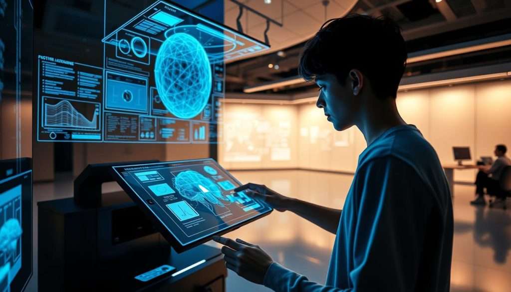 A state-of-the-art AI learning suite, "Studying Machine" showcases a sleek, futuristic interface. In the foreground, a student explores interactive holographic lessons, immersed in a visually stunning, multidimensional learning experience. The middle ground features advanced data visualizations and neural network diagrams, conveying the power of machine learning algorithms to decode complex subject matter. In the background, a vast, minimalist workspace is illuminated by soft, ambient lighting, creating a focused, contemplative atmosphere conducive to deep study and discovery. The overall scene evokes a seamless synthesis of human and artificial intelligence, empowering the next generation of knowledge seekers.