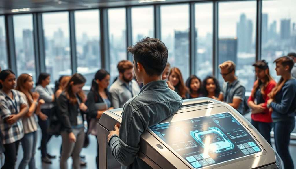 A state-of-the-art "Studying Machine" stands in the foreground, its sleek, metallic exterior gleaming under crisp, directional lighting. Holographic displays and intricate control panels adorn its surface, hinting at its advanced capabilities. In the middle ground, students of diverse backgrounds gather around the machine, eyes fixed in rapt attention as they manipulate its intuitive interfaces. The background depicts a futuristic learning environment, with floor-to-ceiling windows overlooking a bustling city skyline. The atmosphere is one of excitement and possibility, as the "Studying Machine" promises to unlock the secrets of accelerated learning for its users.