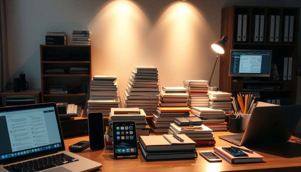 A state-of-the-art "Studying Machine" workstation, bathed in warm, focused lighting. In the foreground, an array of digital devices - laptops, tablets, and smartphones - showcasing various productivity apps and study tools. The middle ground features neatly organized stacks of textbooks, notebooks, and stationery, hinting at a methodical approach to learning. In the background, a minimalist, distraction-free environment with clean lines and a serene, calming atmosphere. The overall scene conveys a sense of efficiency, focus, and the seamless integration of technology into an optimal study setup.