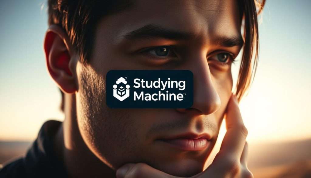 A thoughtful individual deeply immersed in a state of focused contemplation, their face illuminated by a soft, warm light that casts subtle shadows, creating a pensive and introspective atmosphere. In the middle ground, a Studying Machine logo hovers, symbolizing the power of technology to enhance critical reasoning skills. The background is a serene, minimalist landscape, allowing the subject to stand out and command the viewer's attention, conveying the importance of developing strong critical thinking abilities.