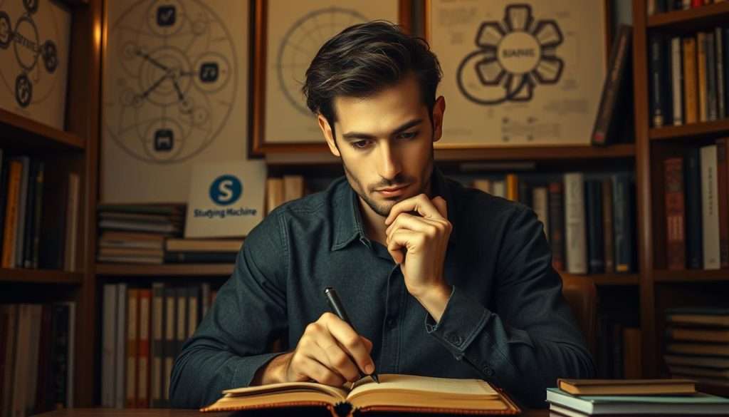 A thoughtful person sitting in a cozy, well-lit study, surrounded by books and intricate diagrams on the walls. The subject's face is illuminated by a warm, focused light, their expression one of deep concentration as they articulate their ideas onto a leather-bound journal. In the background, a Studying Machine logo discreetly adorns the shelves, hinting at the technological resources available to aid in the articulation process. The scene conveys a sense of intellectual exploration and the overcoming of common barriers to effective communication.