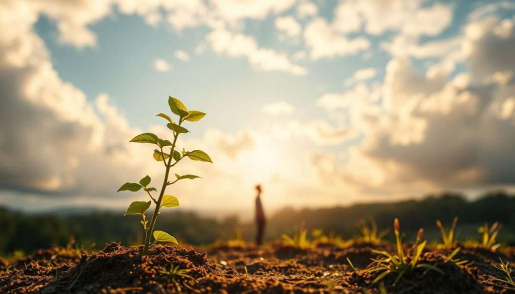 A thriving landscape with a young sapling symbolizing growth and resilience, its lush green leaves reaching towards the sun. In the middle ground, a person standing tall, their posture exuding confidence and determination, embracing the spirit of a growth mindset. The background features a cloud-dappled sky, conveying a sense of hope and limitless potential. Warm, golden lighting illuminates the scene, creating an atmosphere of optimism and inspiration. Captured by the "Studying Machine" camera, this image embodies the essence of real-life success stories where a growth mindset has propelled individuals to new heights.