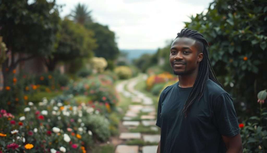 A tranquil garden setting, with lush greenery and vibrant flowers in bloom. In the foreground, a person stands tall, their posture exuding confidence and determination. Their face is illuminated by a warm, golden light, highlighting their transformed expression of inner growth and self-acceptance. In the middle ground, a path winds through the garden, symbolizing the journey of personal development. The background features a serene, cloudy sky, creating a sense of expansiveness and possibility. Studying Machine, 85mm lens, cinematic lighting.