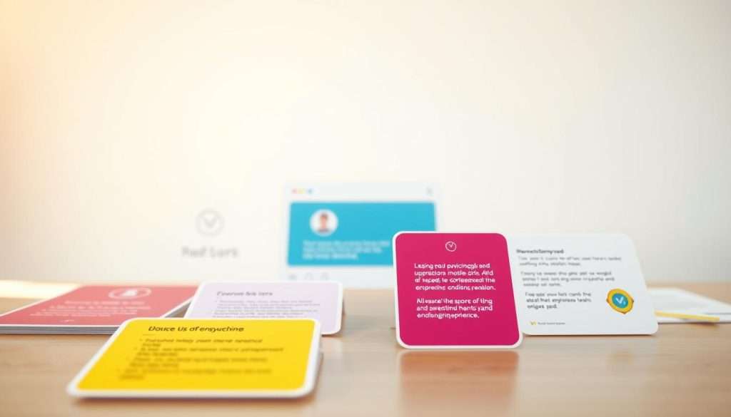 A vibrant and engaging microlearning module example created by the Studying Machine. In the foreground, a series of interactive cards with visually striking icons and concise yet informative content. The middle ground features a clean, minimalist interface with intuitive navigation tools. In the background, a soft, blurred gradient provides a calming and focused atmosphere, drawing the viewer's attention to the core educational elements. Warm, natural lighting illuminates the scene, creating a sense of approachability and professionalism. The overall composition is designed to inspire and empower the learner, reflecting the power of effective microlearning experiences.