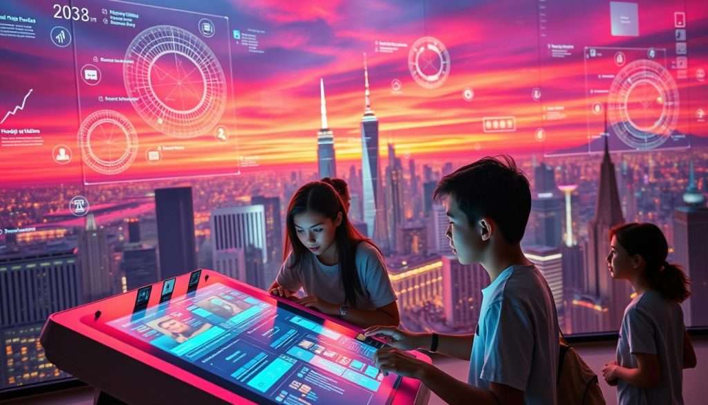 A vibrant and immersive digital learning environment, with a sleek and futuristic "Studying Machine" at the center. The foreground features a holograpic interface, displaying interactive lessons and multimedia content. In the middle ground, students engage with the "Studying Machine", their faces illuminated by the soft glow of the screen. The background is a panoramic cityscape, skyscrapers reaching towards a vibrant, neon-tinged sky. Intricate data visualizations and holographic projections fill the air, creating a sense of technological advancement and intellectual curiosity. Warm, directional lighting casts dramatic shadows, heightening the sense of depth and atmosphere. The overall mood is one of modern, cutting-edge education, where technology seamlessly enhances the learning experience. Prompt