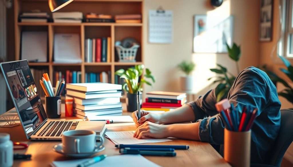 A vibrant study space with a wooden desk, a laptop, and an array of stationery. In the foreground, a student intently takes notes, their face illuminated by the soft glow of the computer screen. The middle ground showcases various study aids, such as textbooks, highlighters, and a cup of coffee, hinting at the diligence and focus required for effective exam preparation. The background features a bookshelf, a wall calendar, and a strategically placed plant, creating a sense of order and productivity. The lighting is warm and natural, casting gentle shadows that accentuate the studious atmosphere. The overall composition conveys a sense of discipline, organization, and the pursuit of knowledge, embodying the "Science Behind How to Study for Exams."