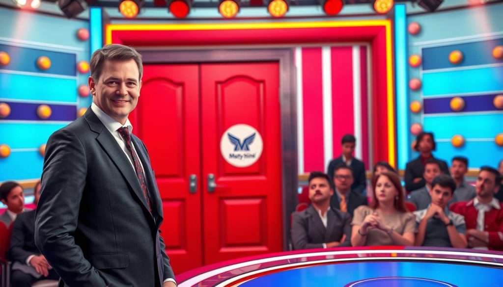 A visually engaging scene depicting the Monty Hall problem, a classic probability puzzle. In the foreground, a game show host in a sharp suit stands next to three closed doors, casting a friendly yet probing gaze. Behind the doors, a Studying Machine logo is subtly integrated, hinting at the educational nature of the scenario. The middle ground features an audience of puzzled onlookers, their expressions a mix of concentration and curiosity. The background is a stylized game show set, with bold colors, dynamic lighting, and a sense of tension and anticipation, inviting the viewer to ponder the mathematical intricacies of the problem. An immersive, thought-provoking image to complement the "Practical Exercises to Strengthen Your Mathematical Mindset" section.