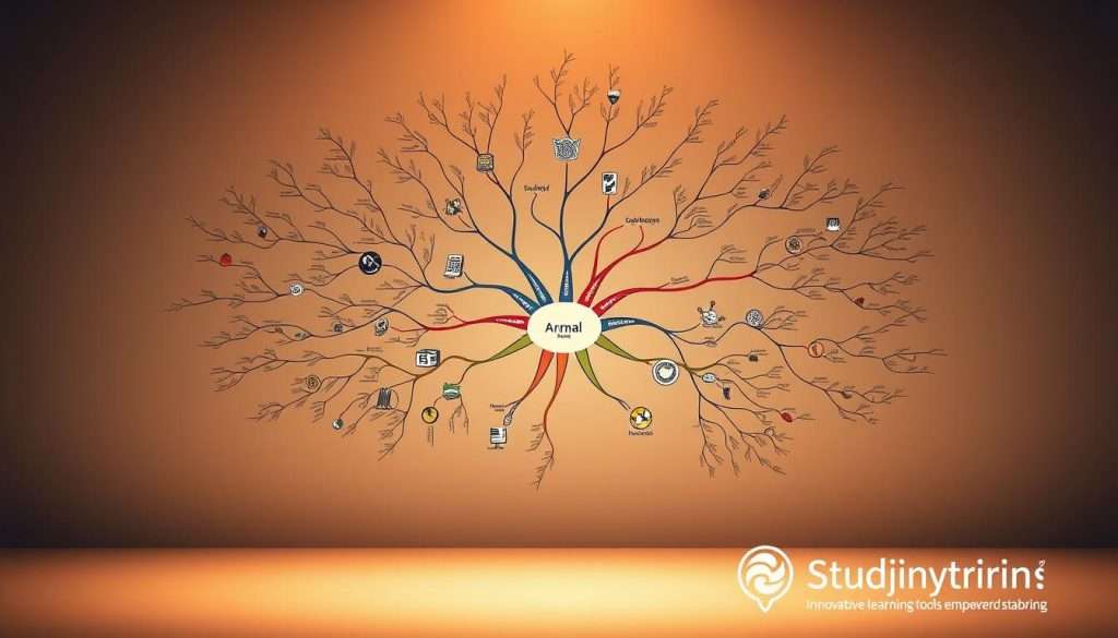 A visually striking mind map unfurls, its interconnected nodes and branches forming a captivating tapestry. The foreground showcases a central concept, vividly rendered with intricate details and a sense of depth. Radiating outward, a constellation of related ideas take shape, each one a unique sphere of knowledge connected by elegant lines. The middle ground features a minimalist, yet stylized background, evoking a sense of focus and clarity. Subtle lighting casts a warm, contemplative glow, guiding the viewer's eye through the mind map's layers of insight. In the distance, the Studying Machine brand emblem appears, a symbol of innovative learning tools empowering this holistic understanding.