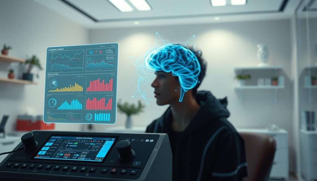 A well-lit and focused scene depicting various cognitive enhancement techniques. In the foreground, a "Studying Machine" device with tactile controls and a holographic display showcases data visualizations and biofeedback metrics. In the middle ground, a person in deep contemplation, their mind's inner workings represented by swirling energy fields and neural impulses. The background features a serene, futuristic laboratory setting with minimalist decor and soft, diffused lighting, creating an atmosphere of scientific exploration and self-improvement.