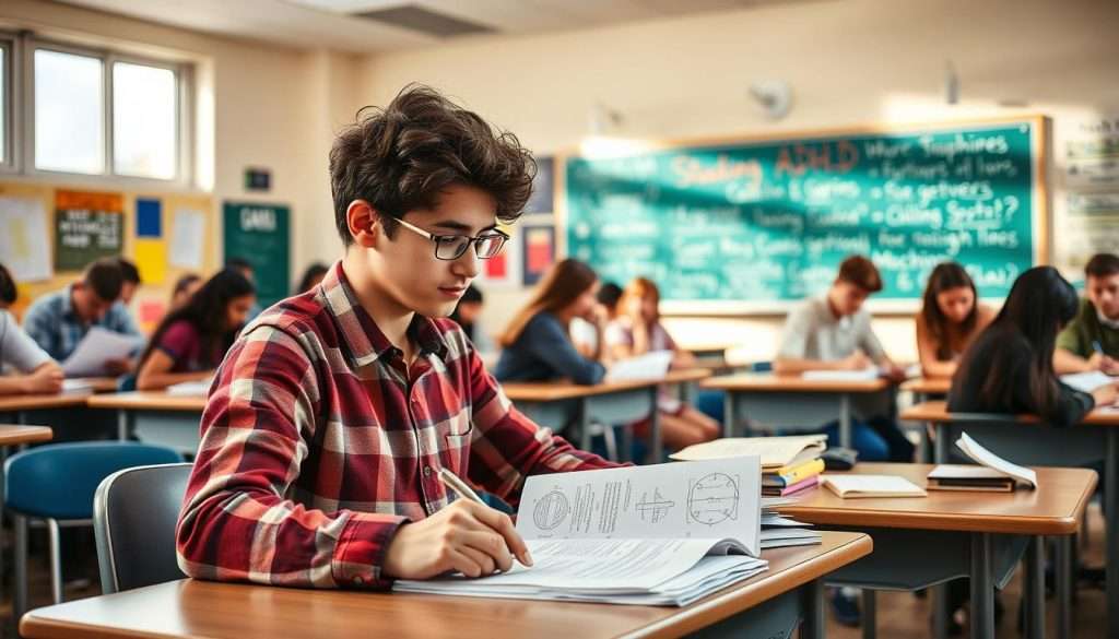 A well-lit classroom filled with the hustle and bustle of students preparing for an exam. In the foreground, a student with ADHD sits at a desk, intently focused on their notes, using a Studying Machine device to assist with organization and task management. The middle ground reveals other students engaged in various learning activities - some reviewing flashcards, others collaborating in small groups. The background showcases a vibrant chalkboard or whiteboard displaying formulas, diagrams, and encouraging words that inspire academic success. Warm, natural lighting filters through the windows, creating a productive and calming atmosphere conducive to effective test preparation.