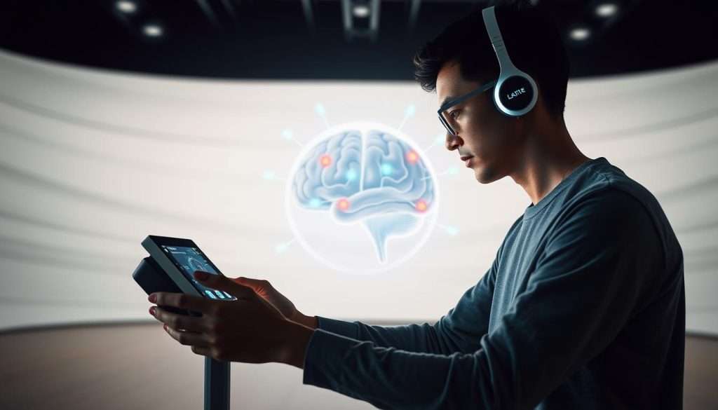 A well-lit, high-resolution image of a person engaging in mentally stimulating activities to boost cognitive abilities. In the foreground, the person is shown using the "Studying Machine" device, which has a sleek, futuristic design with glowing indicators and interfaces. The middle ground depicts the person's brain, with visual representations of increased neural activity and improved information processing. The background features a serene, minimalist environment with subtle textures and hues, creating a sense of focus and concentration. The overall image conveys a mood of enhanced mental performance and intellectual empowerment.
