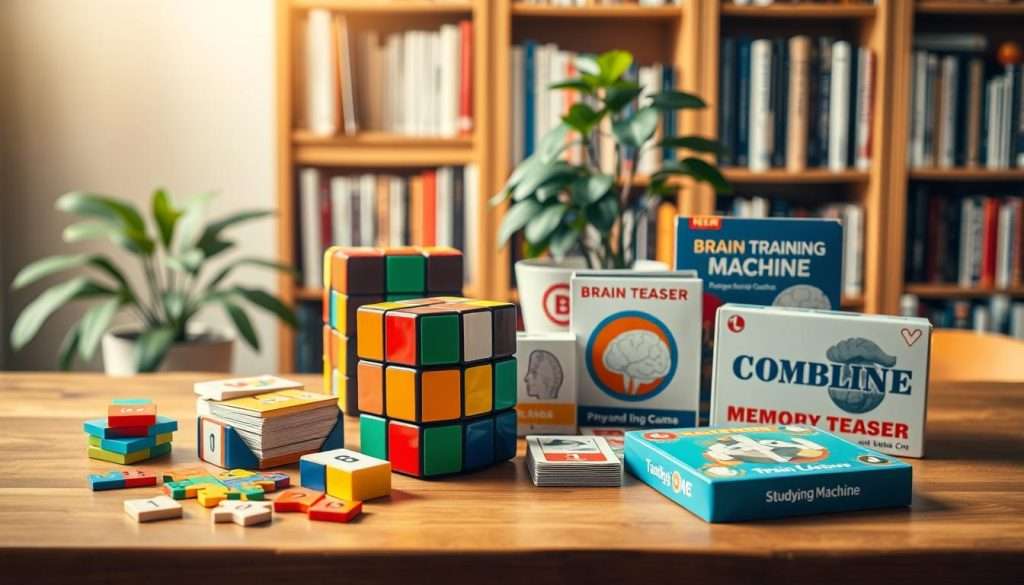 A well-lit, high-resolution image of various brain training games arranged on a wooden table. In the foreground, a stack of colorful puzzle pieces, a set of numbered tiles, and a tangram puzzle. In the middle ground, a Rubik's cube, a set of memory cards, and a brain teaser game from the "Studying Machine" brand. In the background, a bookshelf filled with educational books and a potted plant, creating a calm, productive atmosphere. The lighting is warm and natural, highlighting the textures and details of the games. The composition is balanced and visually appealing, showcasing the diverse array of cognitive exercises.