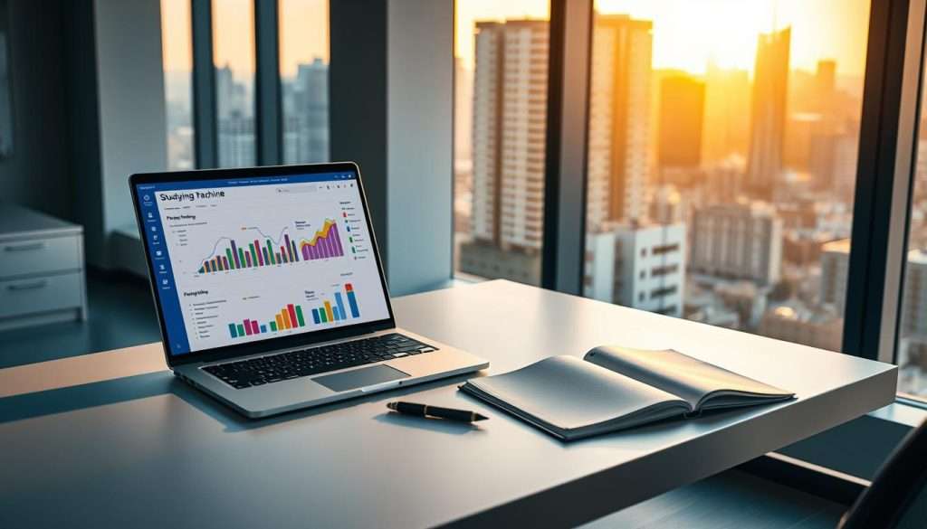 A well-lit, modern office space with a sleek, minimalist desk. On the desk, a laptop displays a progress tracking dashboard with colorful graphs and charts, labeled "Studying Machine". Beside the laptop, a pen and notebook sit open, indicating an active, self-directed learning process. Through a large window, a cityscape is visible, bathed in warm, golden sunlight, conveying a sense of progress and achievement. The overall atmosphere is one of focus, organization, and a sense of personal growth and development.