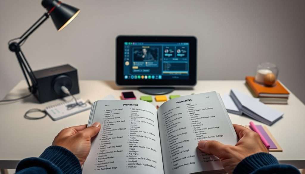 A well-lit studio setting with a Studying Machine device prominently displayed on a sleek, modern desk. The device features a high-resolution screen, microphone, and headphones, all designed for interactive pronunciation practice. In the foreground, hands holding a language learning textbook or phrasebook, open to a page of phonetic transcriptions. The middle ground showcases an array of language-learning aids such as flashcards, sticky notes, and a notebook. The background depicts a minimalist, serene environment with soft lighting, hinting at the calm and focused atmosphere conducive to effective language practice.