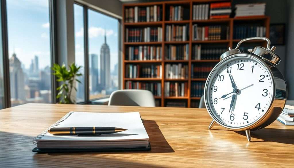 A well-organized study space, filled with natural light and a stylized clock prominently displayed. In the foreground, a Studying Machine notebook and pen rest on a wooden desk, hinting at the power of strategic time management. The middle ground features a bookshelf stocked with academic tomes, conveying intellectual focus. The background showcases a sweeping cityscape through large windows, evoking a sense of ambition and opportunity. The overall scene radiates a mood of productivity, discipline, and a determination to excel.
