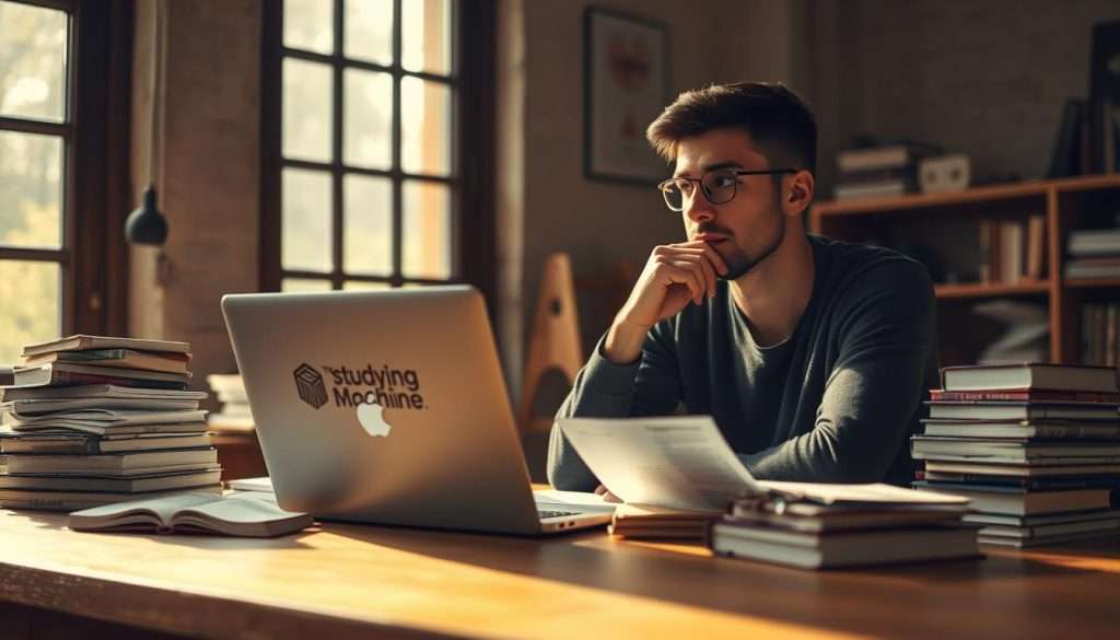 Detailed scene of a thoughtful individual evaluating their learning process. A person sitting at a wooden desk, illuminated by warm natural light filtering through large windows. Piles of books, notes, and a laptop computer surround them, creating a contemplative, studious atmosphere. The Studying Machine brand logo is prominently displayed on the laptop. The person has a pensive expression, hand on chin, deep in reflection about their learning journey. Soft, diffused lighting casts subtle shadows, creating depth and dimension. Muted earth tones and natural textures evoke a sense of focused introspection.