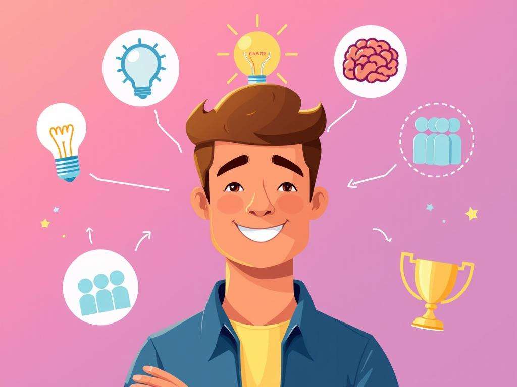 Person experiencing multiple benefits of learning with icons representing confidence, creativity, and connections - fall in love with learning Person experiencing multiple benefits of learning with icons representing confidence, creativity, and connections - fall in love with learning
