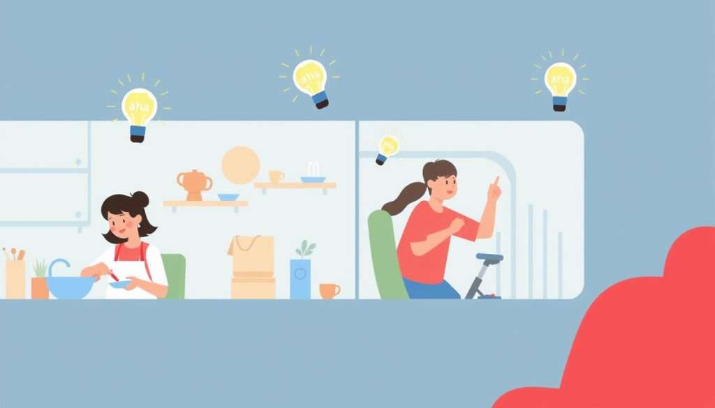 Person having an 'aha' moment while doing everyday activities - fall in love with learning Person having an 'aha' moment while doing everyday activities - fall in love with learning