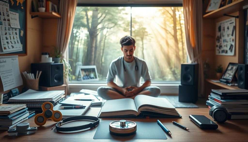 Studying Machine - A cozy study nook bathed in warm, natural light. In the foreground, an organized workspace with various ADHD focus tools: a fidget spinner, noise-cancelling headphones, and a timer. In the middle ground, a person sits cross-legged, deeply engaged in their work, using techniques like the Pomodoro method. The background features inspiring nature imagery - a lush forest with sunbeams peeking through the canopy. The overall atmosphere is one of focus, productivity, and a sense of calm mastery over ADHD challenges.
