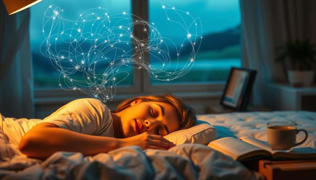 Studying Machine: A serene bedroom scene, bathed in soft, warm lighting. In the foreground, a person lies peacefully asleep, their features tranquil and relaxed. Swirling, ethereal patterns of memories and neural connections emanate from their head, symbolizing the process of memory consolidation during sleep. The middle ground features a nightstand with a book and a cup of tea, hinting at the importance of learning and cognitive stimulation. In the background, a window overlooks a calming, natural landscape, suggesting the restorative power of rest and the connection between the mind and the physical environment. The overall atmosphere is one of harmony, balance, and the synergy between sleep, learning, and cognitive enhancement.