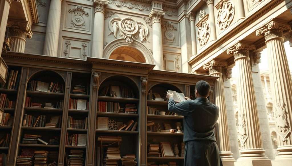 a highly detailed, photorealistic image of a memory palace, with a grand, classical architectural structure in the background, featuring columns, arches, and intricate stone carvings. In the foreground, a person is placing various objects, such as books, scrolls, and trinkets, onto shelves and alcoves, creating a visually engaging and information-rich environment. The lighting is warm and natural, with subtle shadows and highlights that add depth and dimensionality to the scene. The overall atmosphere conveys a sense of focus, concentration, and the act of carefully organizing and storing information, reflecting the process of populating a memory palace.