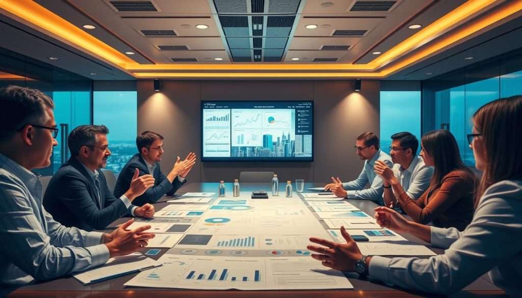 A boardroom with a large table, illuminated by warm, directional lighting from overhead fixtures. In the foreground, a diverse group of professionals engaged in a thoughtful discussion, hands gesturing animatedly as they collaborate on a strategic plan laid out before them. The middle ground features a digital display screen showcasing complex data visualizations, charts, and models. The background depicts a panoramic view of a modern city skyline, suggesting the broader context and scale of the strategic considerations. The atmosphere is one of focused intensity, as the team works to align their resources and craft an actionable implementation plan.