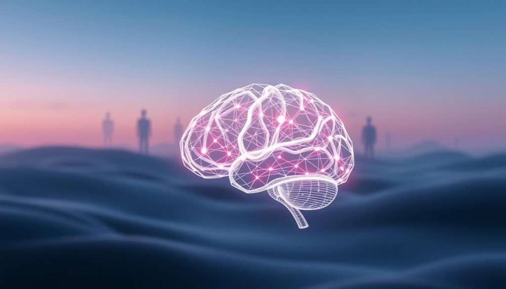 A brain wireframe model floating in a serene, meditative environment. The brain is composed of intricate, glowing neural pathways, representing the process of debugging and optimizing cognitive functions. The background is a tranquil, ethereal landscape, with soft lighting and a calming color palette, evoking a sense of focus and clarity. The camera angle is slightly elevated, giving a birds-eye view of the brain, emphasizing the cerebral, analytical nature of the scene. The overall mood is one of introspection and problem-solving, capturing the essence of "Debug Your Mind: The Step-by-Step Process".