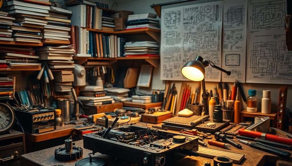 A bustling home workshop filled with an array of tools and mechanical components, illuminated by warm, incandescent lighting. In the foreground, a disassembled device rests on a workbench, its inner workings exposed, with a magnifying glass and various implements nearby, hinting at the process of reverse engineering. The middle ground features shelves stocked with reference books, schematics, and technical manuals, while the background showcases a wall-mounted display showcasing intricate diagrams and schematics. An atmosphere of focused curiosity and problem-solving pervades the scene.