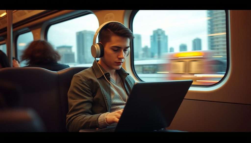 A busy commuter on a train, laptop open, headphones on, immersed in learning material. The foreground shows their focused expression, the middle layer captures the train interior with blurred fellow passengers, and the background depicts a cityscape rushing by outside the window. Soft, warm lighting creates an atmosphere of productivity and motion, as the learner makes the most of their commuting time. Subtle camera angle suggests a sense of energy and momentum. The scene conveys the idea of efficient time management and the ability to learn on-the-go, even in the midst of a hectic daily routine.