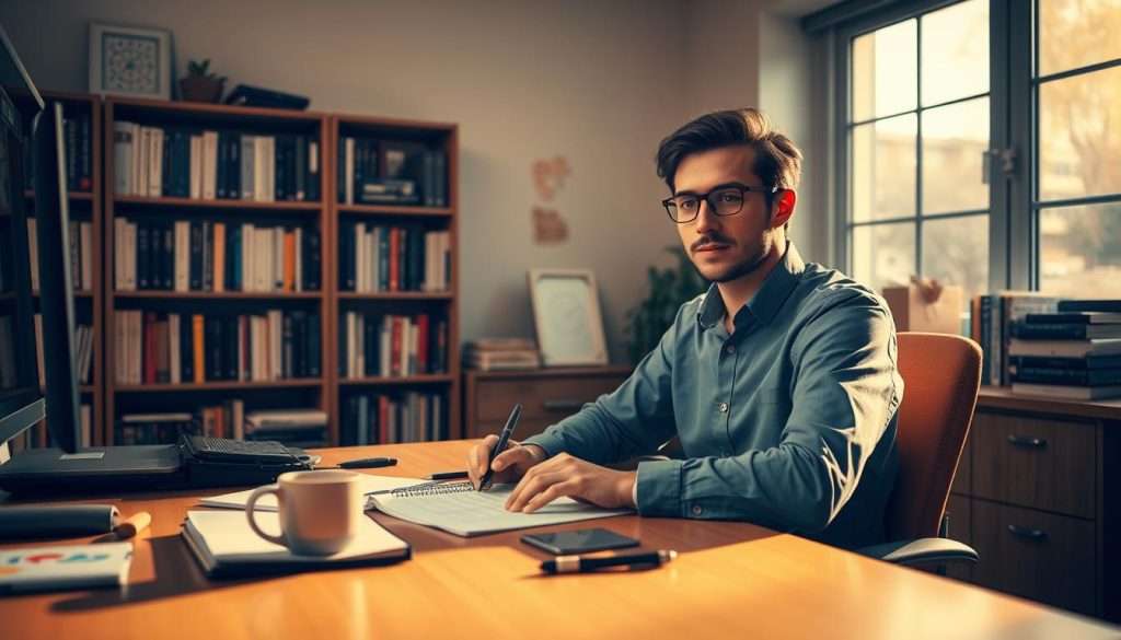 A calm and serene office space with a person sitting at a desk, focused on solving a complex math problem. The room is bathed in warm, natural lighting from a large window, casting a soft glow across the scene. The person's expression is one of determination and confidence, not anxiety. On the desk, there are various stationery items, including a notebook, pen, and a mug of tea, creating a cozy and productive atmosphere. In the background, a bookshelf filled with math and science books provides a sense of knowledge and support. The overall tone is one of peace, clarity, and the ability to overcome mathematical challenges.