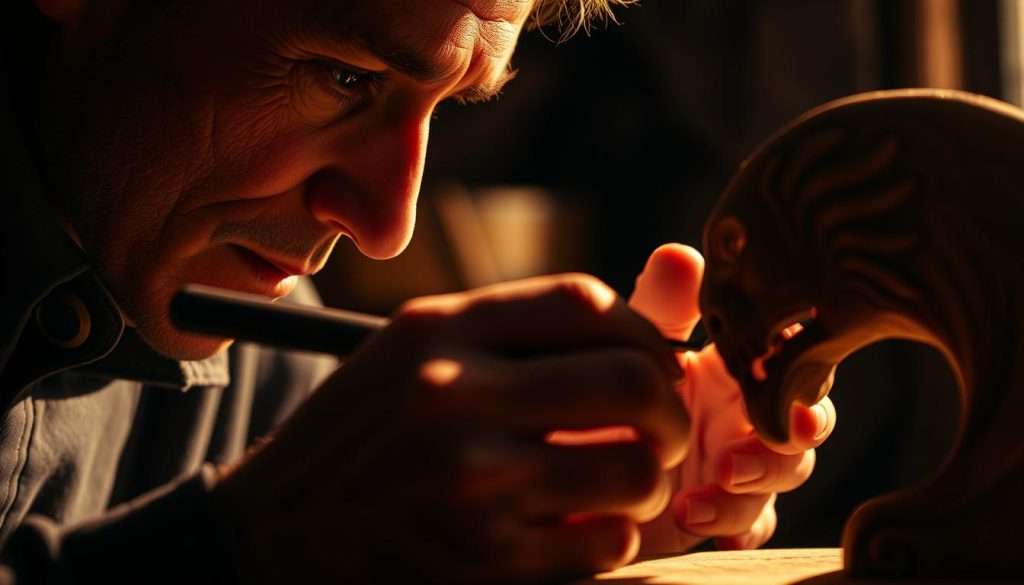 A close-up shot of a human hand carefully crafting a wooden sculpture, with a thoughtful, focused expression on the face. The scene is illuminated by warm, directional lighting, casting dramatic shadows that accentuate the intricate details of the carving process. The background is softly blurred, keeping the viewer's attention solely on the mastery of the skill unfolding before them. The atmosphere conveys a sense of quiet dedication, intense concentration, and the rewarding journey of honing one's expertise.