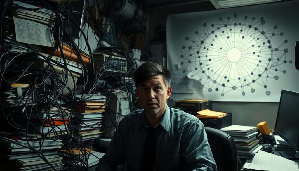 A cluttered workspace filled with tangled wires, overflowing files, and a bewildered office worker, symbolizing the common pitfalls of systems thinking. Harsh, unforgiving lighting casts deep shadows, highlighting the disorganization and complexity. The worker's expression conveys frustration, overwhelmed by the chaotic environment. In the background, a looming, abstract diagram of interconnected nodes and arrows, representing the dense web of systems that can quickly become unmanageable. The scene evokes a sense of being trapped in a maze of information, unable to see the big picture. A cautionary tale of the dangers of neglecting the fundamentals of systems thinking.