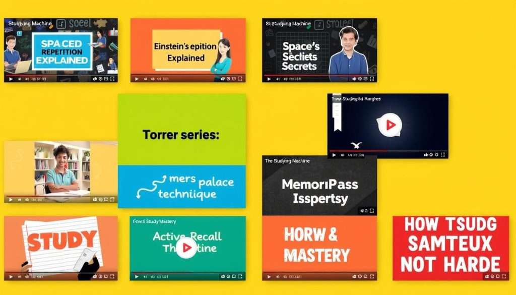 A collection of Studying Machine video thumbnails showing various study smarter techniques